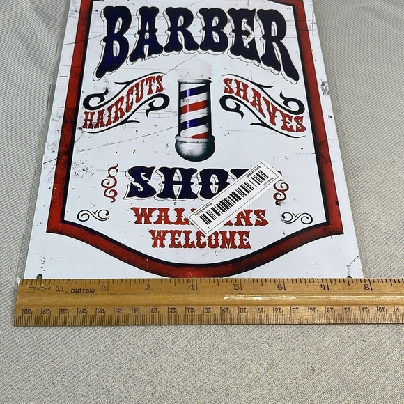 Vintage Vibe NWT Barber Shop Metal Tin Sign Haircuts Shaves Walk-ins Red Black - Picture 4 of 6